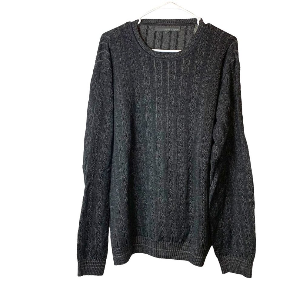 Tricots St. Raphael Sweater Mens Cable Knit Thick Sz L Black Rib Knit Hem Cuffs